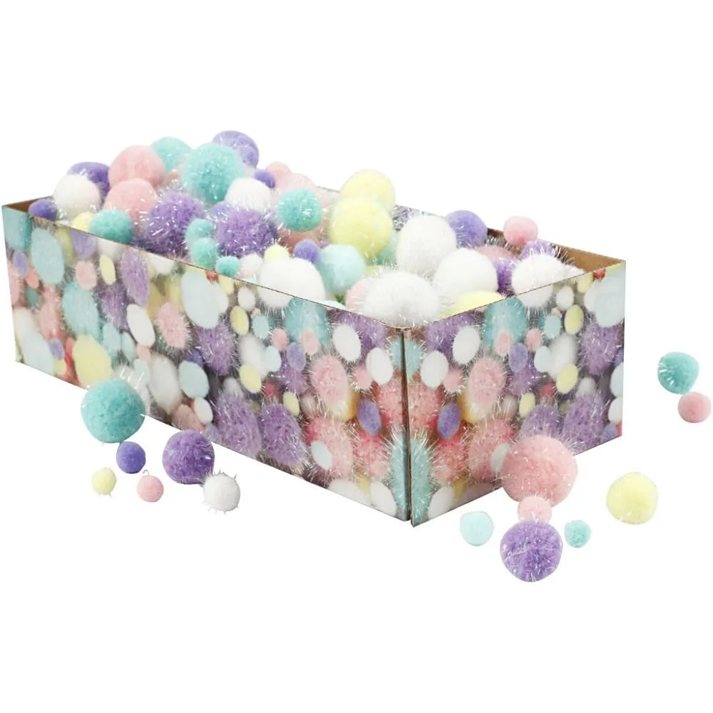 Pompoms pastelkleuren en glitter (400gram)