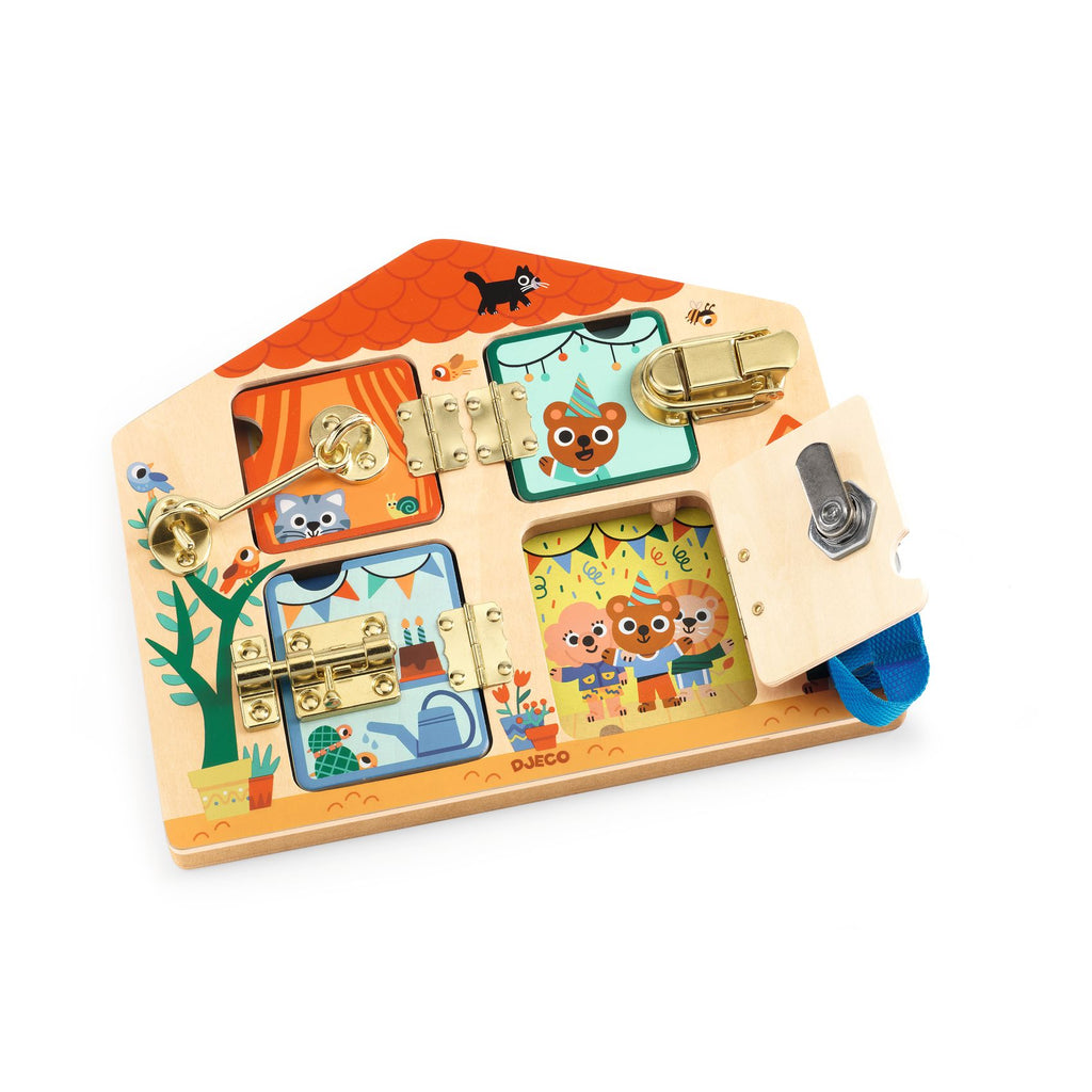 Djeco houten grendelbord Cabanalock