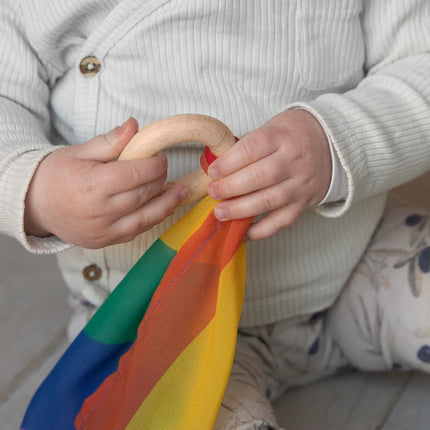 Grennn x Little Botanic Playcycle speeldoek klein - 30cm - met houten ring - regenboog waves