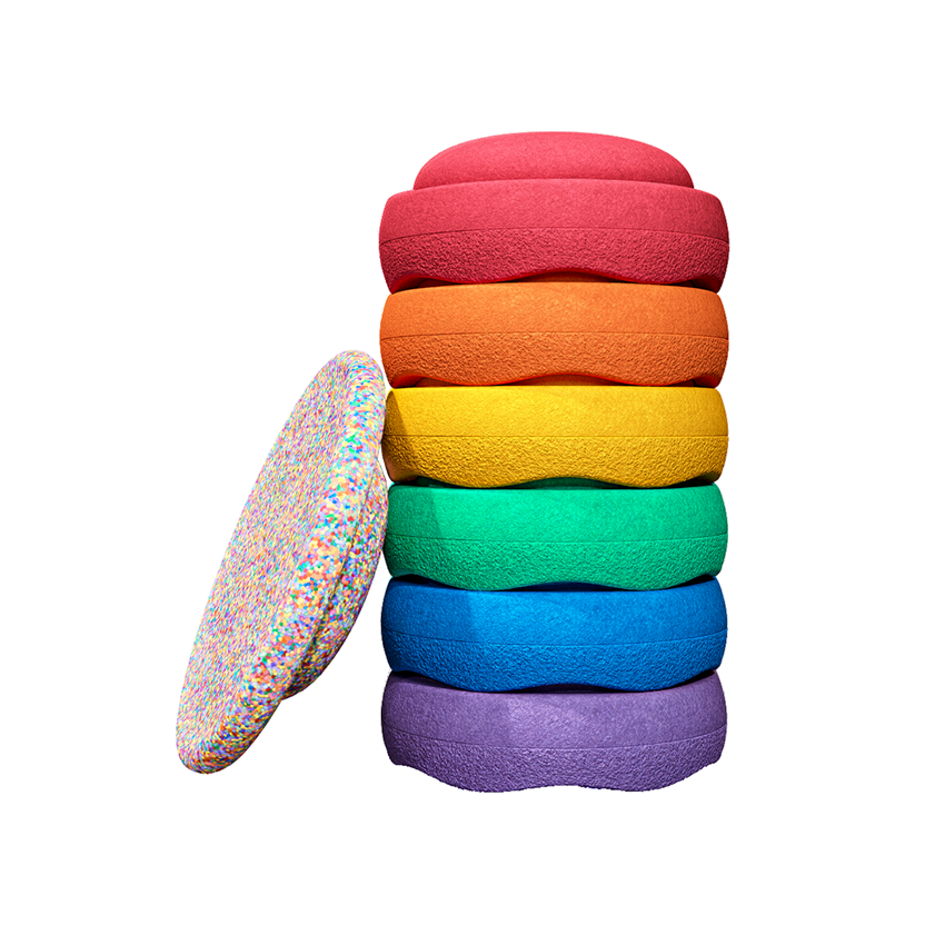 Stapelstein stapelstenen super confetti rainbow classic 6 stuks + balance board