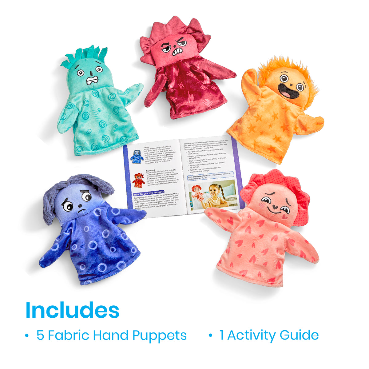 Feelings Family Hand Puppets Loved, Nervous, Frustrated, Lonely, and Excited