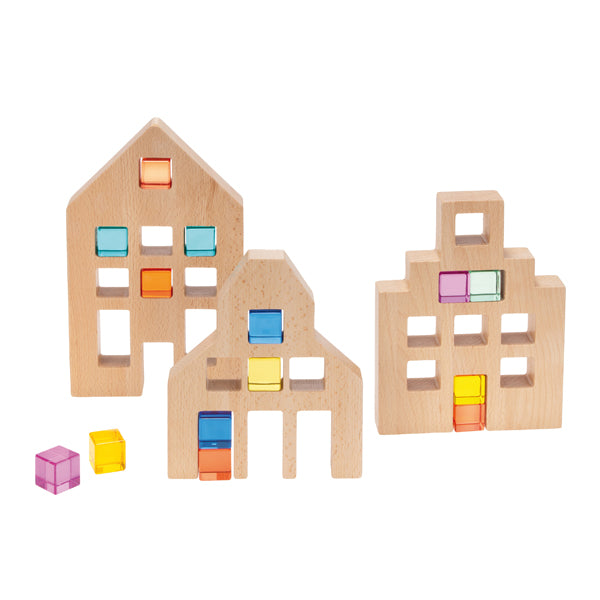 Houten huisjes voor acryl kubussen set van 3 (kubussen niet inbegrepen)