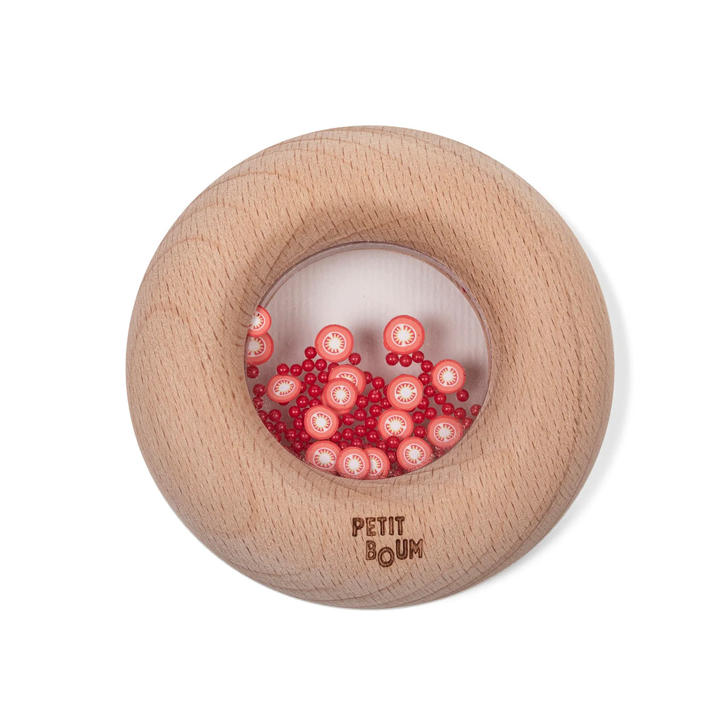 Petit Boum bijtring en sensorische rammelaar tomaat
