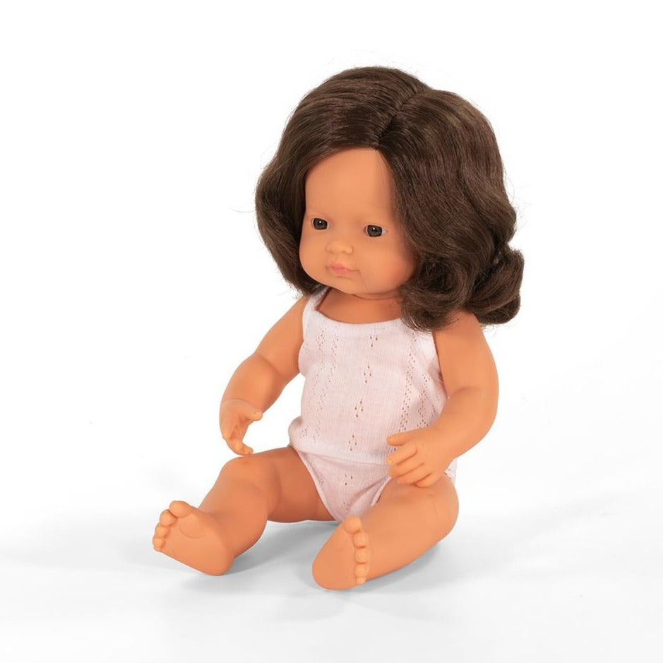 Miniland pop Europees meisje met bruin haar 38cm
