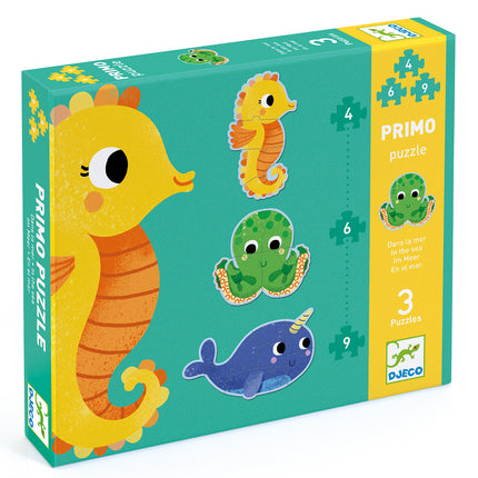 Djeco primo set van 3 puzzels in de zee (4, 6 en 9 stukken)